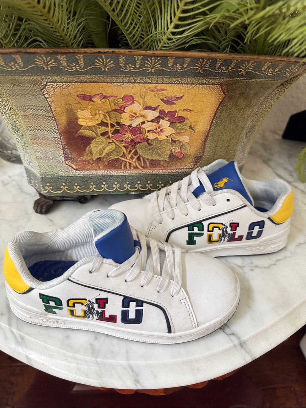 Polo by Ralph Lauren White Sneakers with Blue Tongue and Yellow Logo